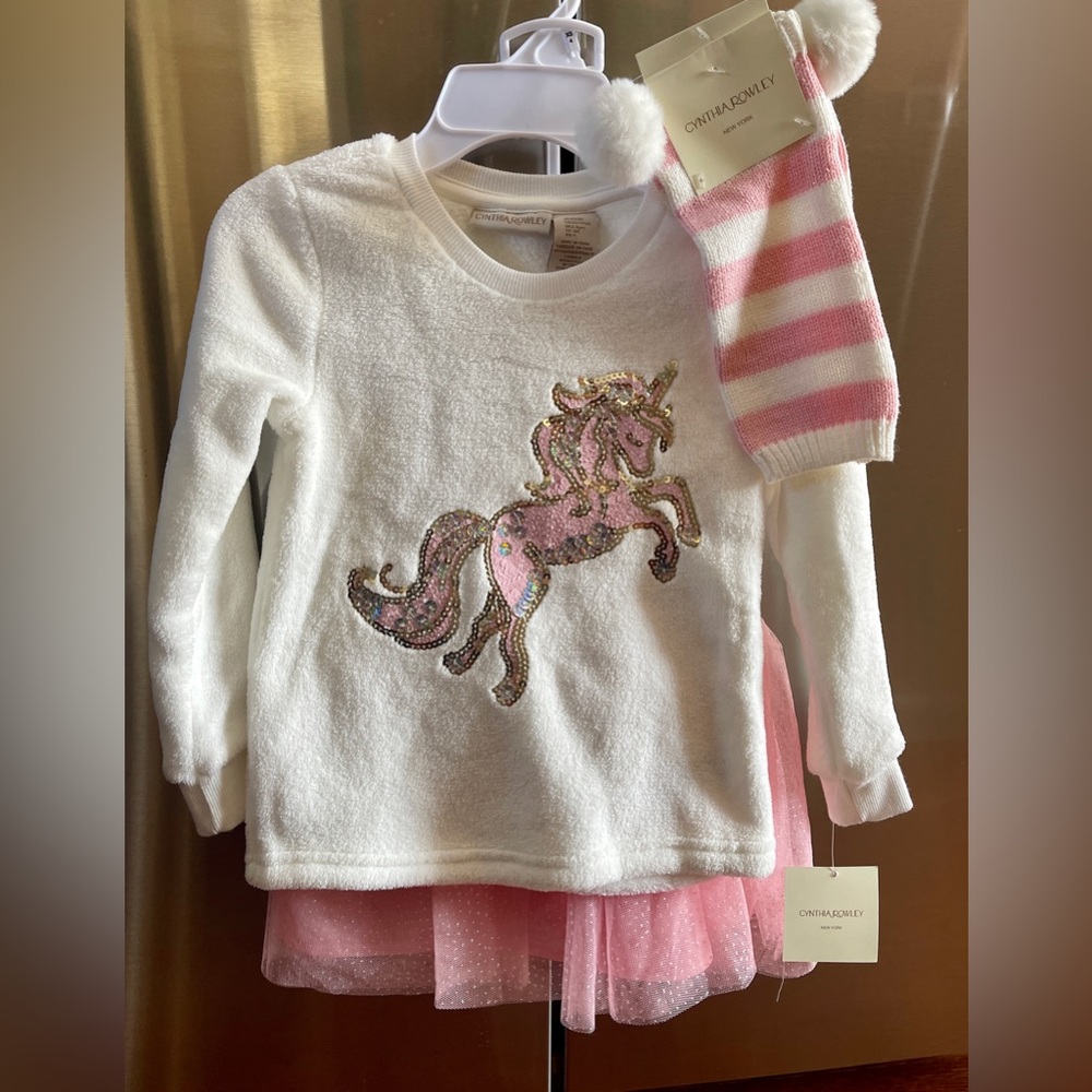 cynthia rowley baby girl sequin unicorn long sleeve, pink tutu & leg warmers
